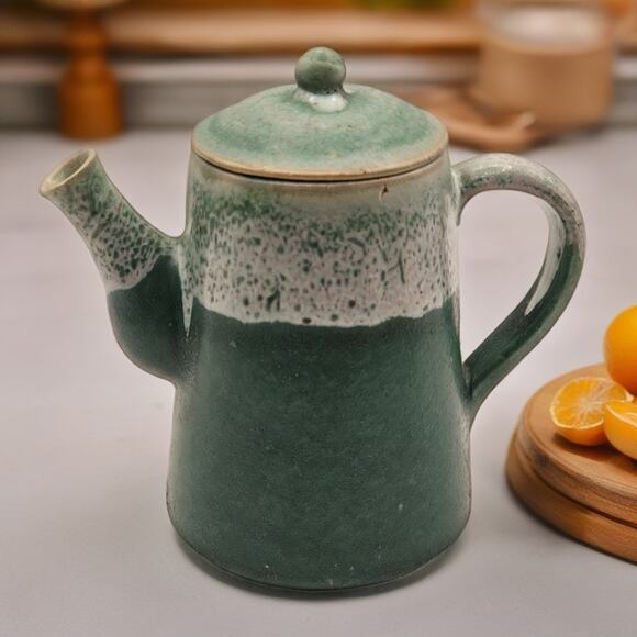Handcrafted Green Stoneware Teapot with Adorable Two-Toned Glaze Artist Signed - Picture 1 of 8